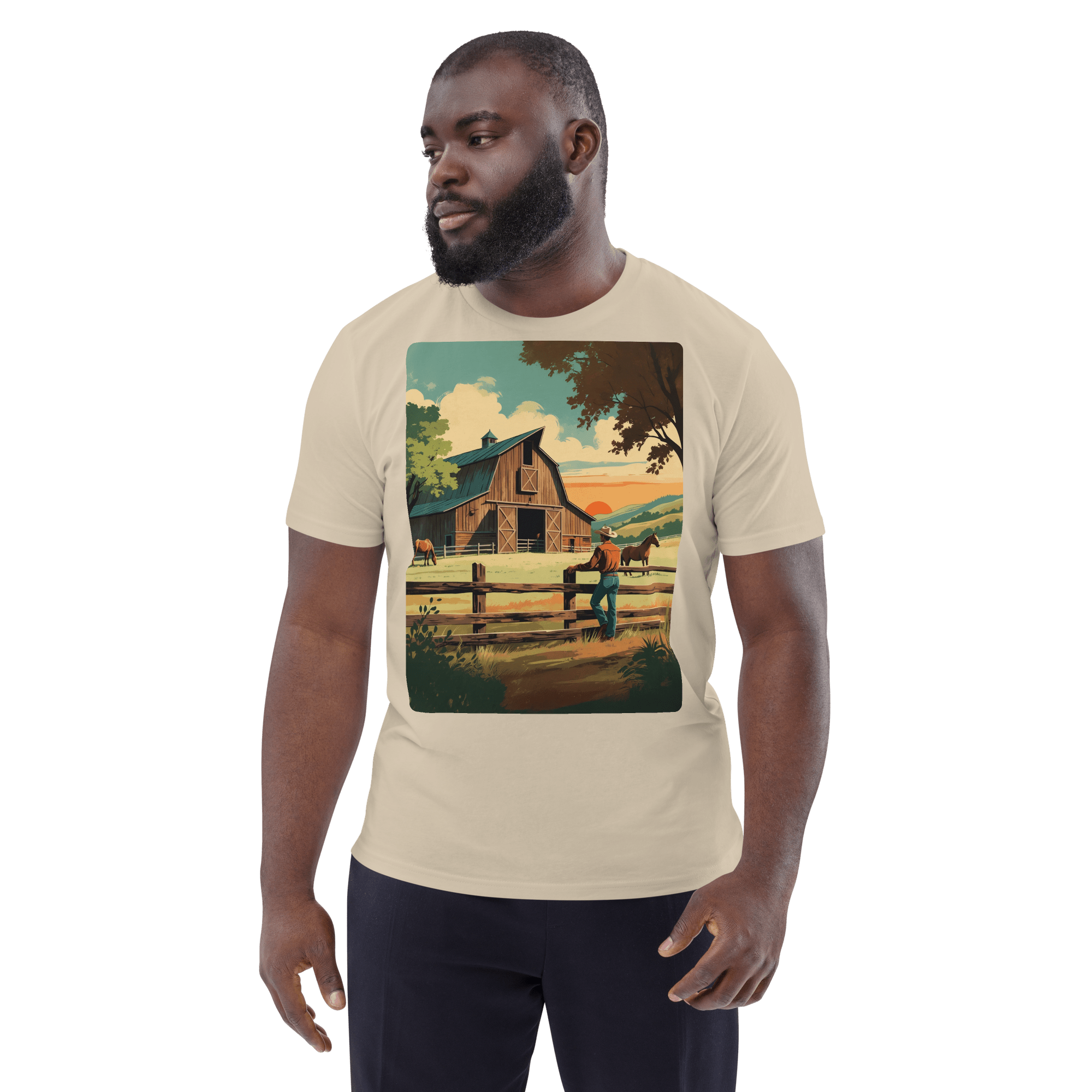 Rustic Ranch Life Organic Cotton T-Shirt - Western Barn Scene - Design Delight Studio