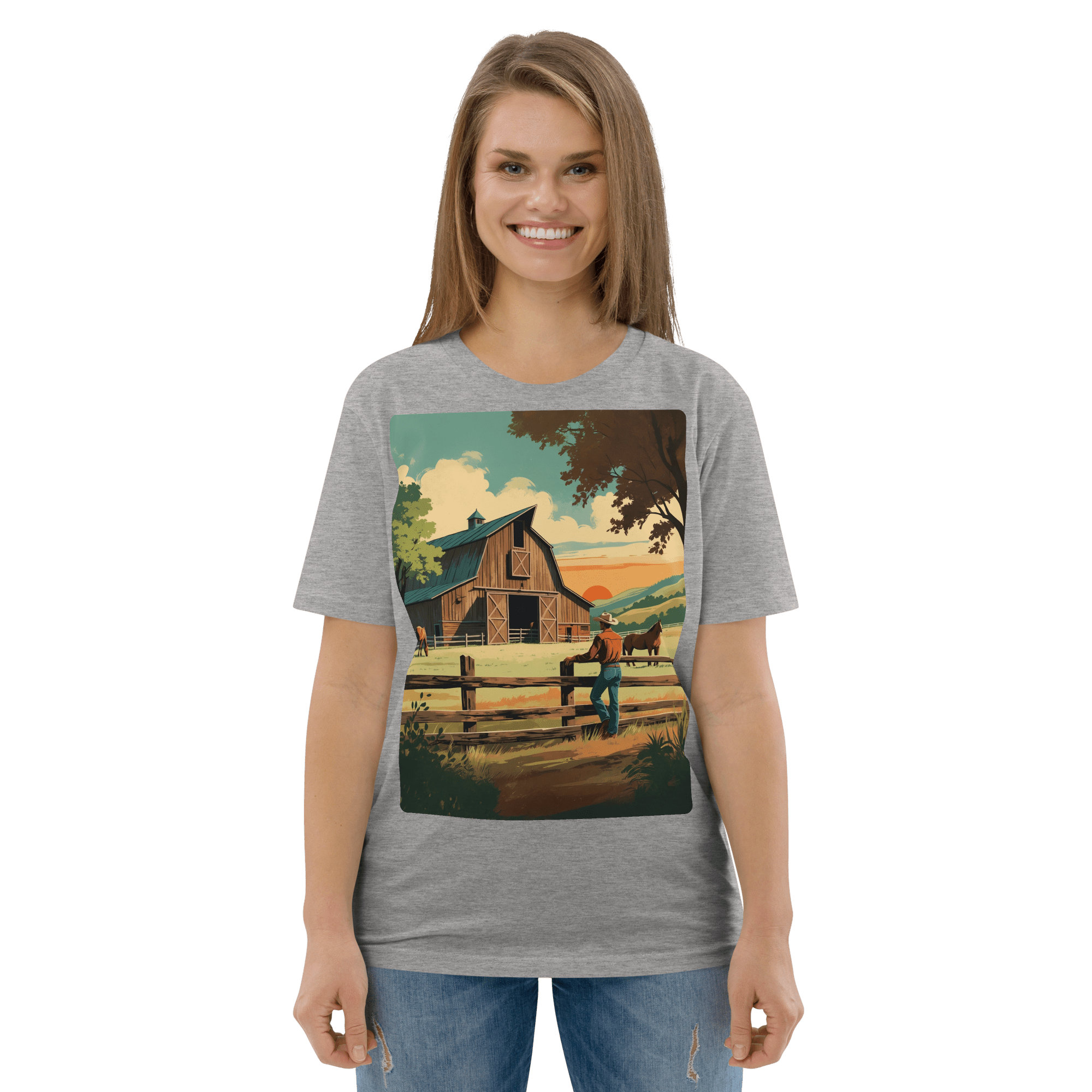 Rustic Ranch Life Organic Cotton T-Shirt - Western Barn Scene - Design Delight Studio