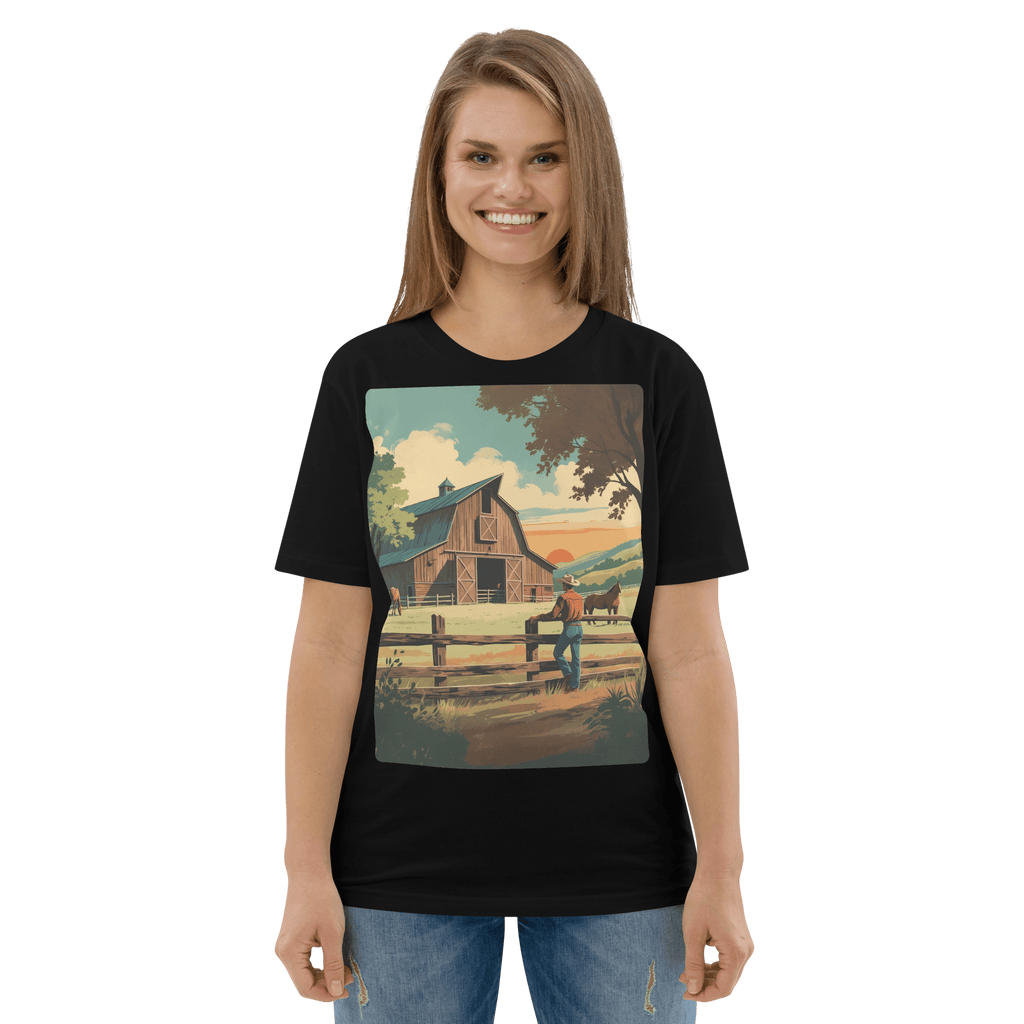 Rustic Ranch Life Organic Cotton T-Shirt - Western Barn Scene - Design Delight Studio
