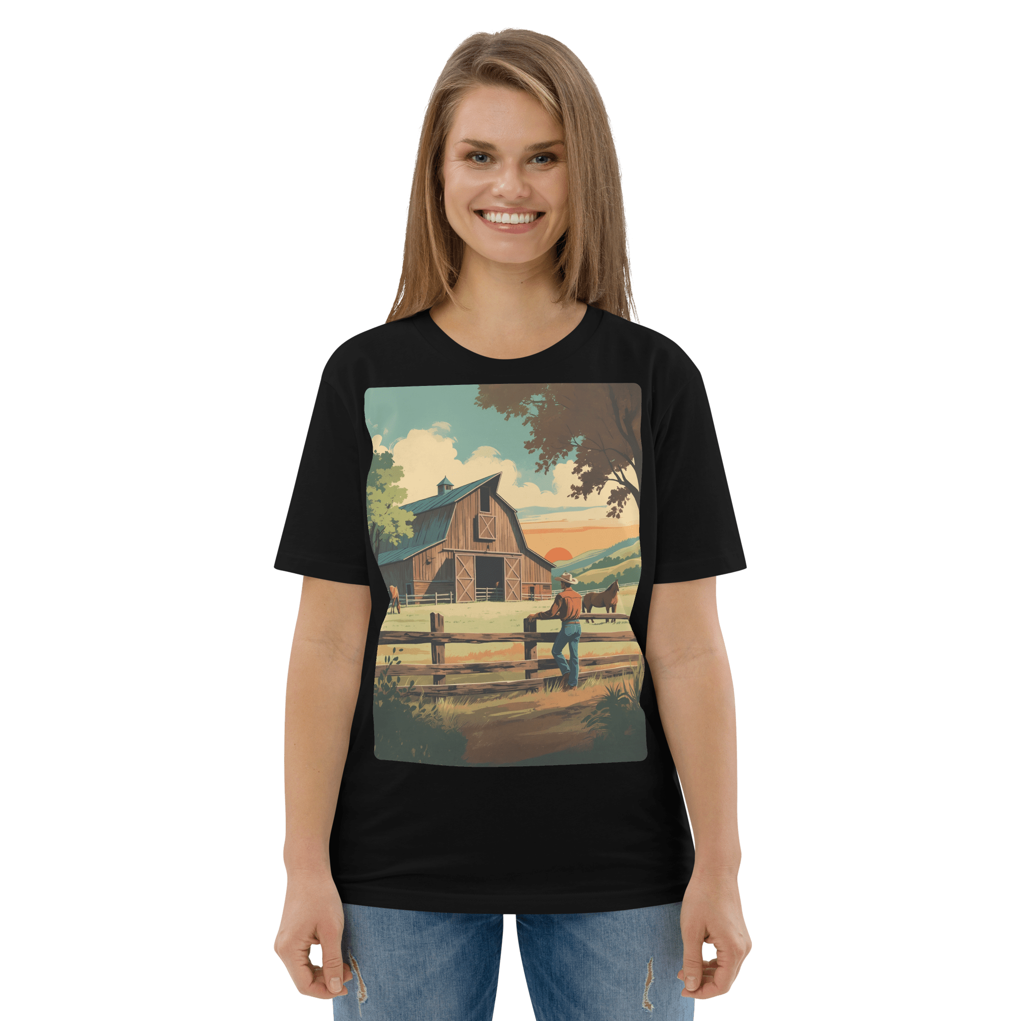 Rustic Ranch Life Organic Cotton T-Shirt - Western Barn Scene - Design Delight Studio