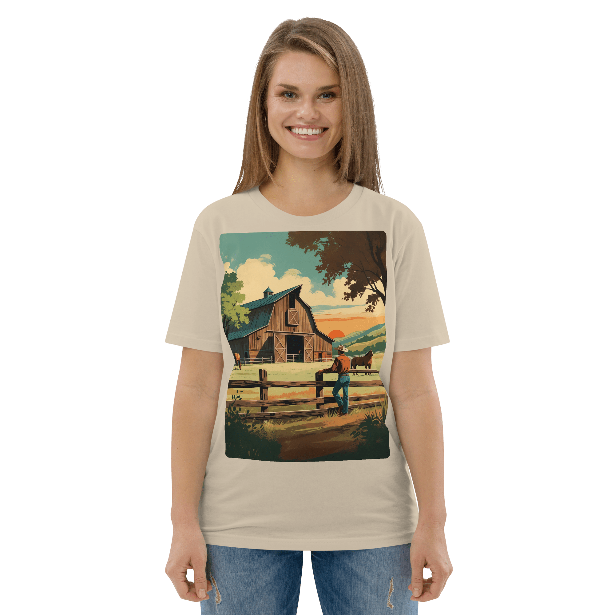 Rustic Ranch Life Organic Cotton T-Shirt - Western Barn Scene - Design Delight Studio
