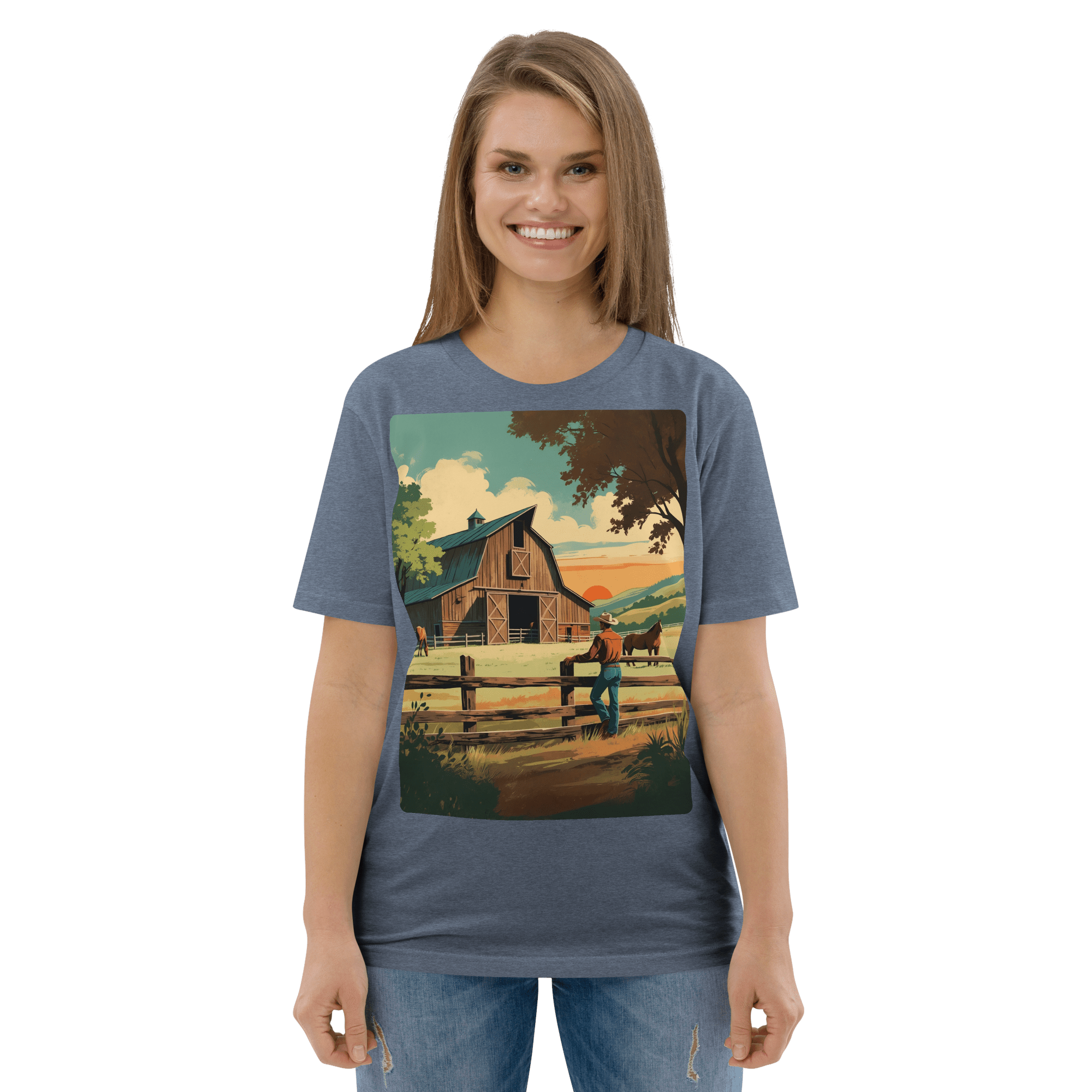 Rustic Ranch Life Organic Cotton T-Shirt - Western Barn Scene - Design Delight Studio