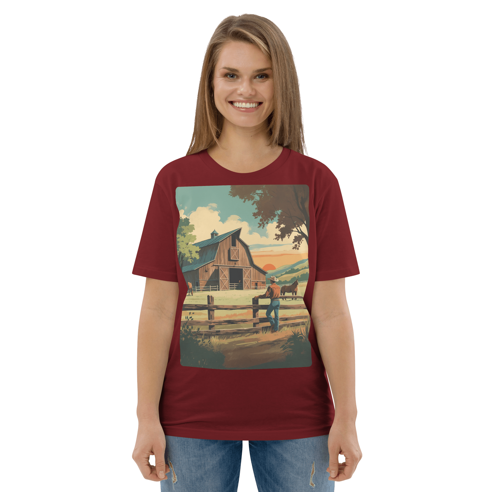Rustic Ranch Life Organic Cotton T-Shirt - Western Barn Scene - Design Delight Studio