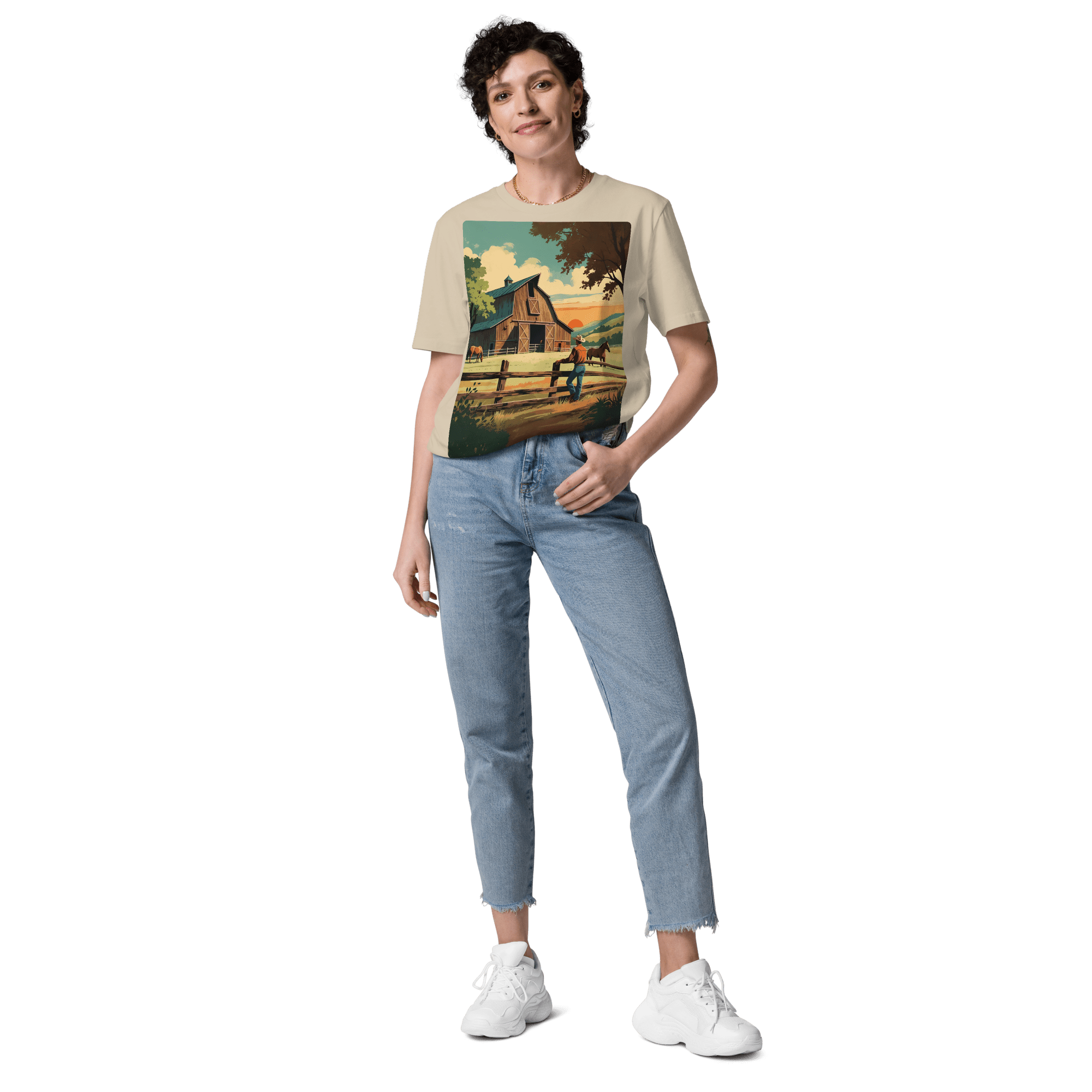 Rustic Ranch Life Organic Cotton T-Shirt - Western Barn Scene - Design Delight Studio