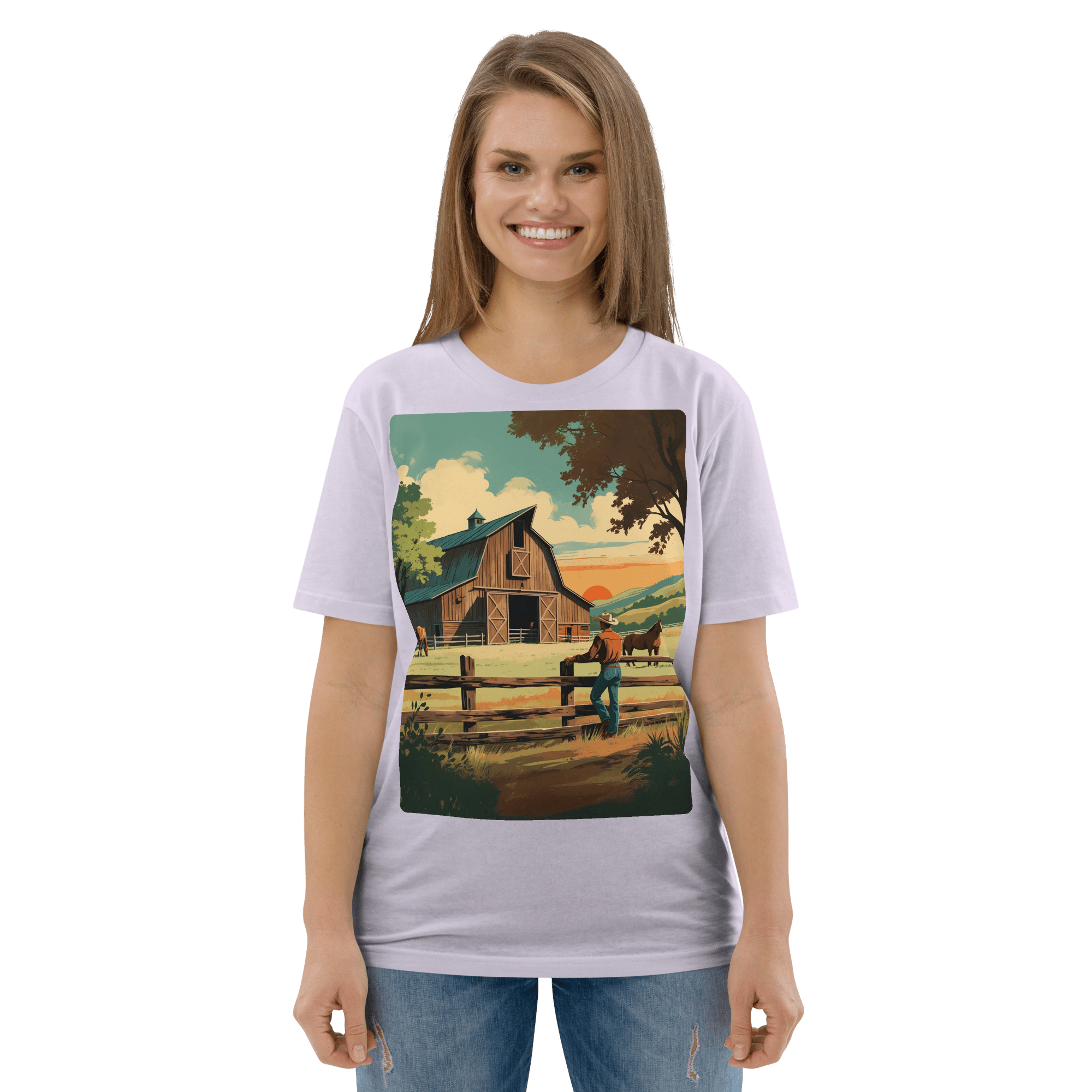 Rustic Ranch Life Organic Cotton T-Shirt - Western Barn Scene - Design Delight Studio