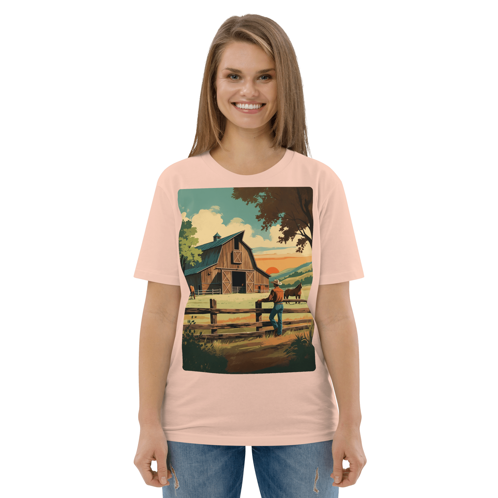 Rustic Ranch Life Organic Cotton T-Shirt - Western Barn Scene - Design Delight Studio