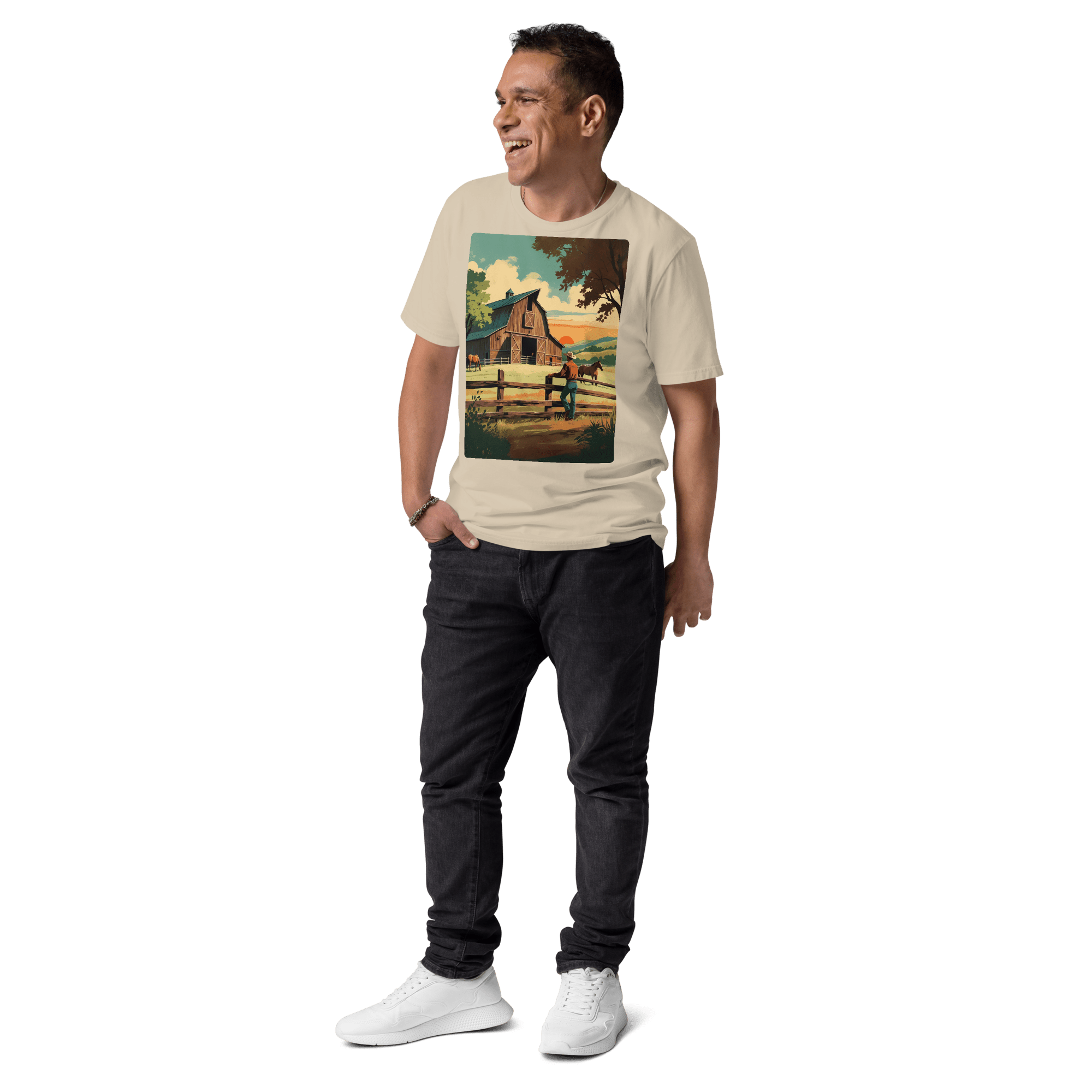 Rustic Ranch Life Organic Cotton T-Shirt - Western Barn Scene - Design Delight Studio