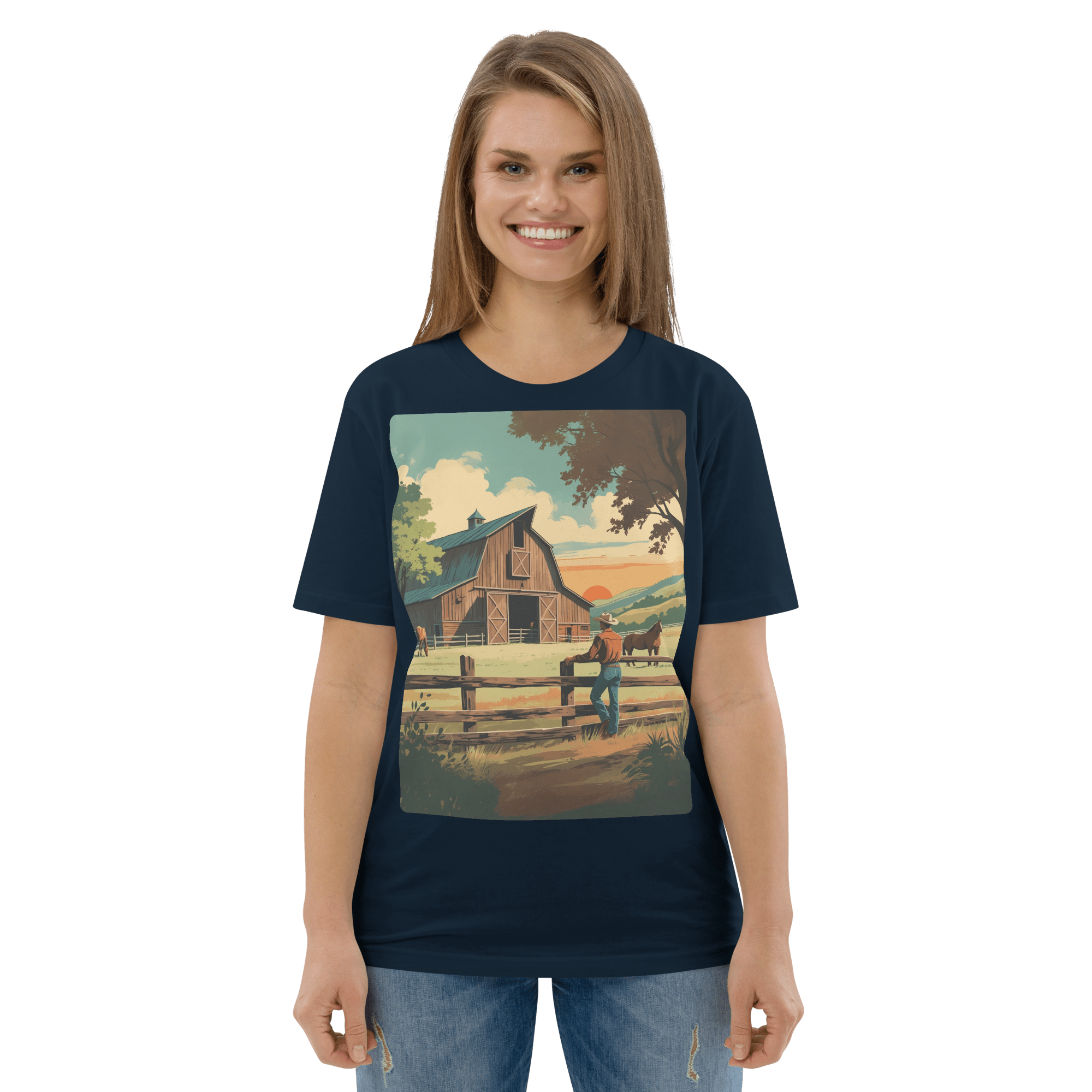 Rustic Ranch Life Organic Cotton T-Shirt - Western Barn Scene - Design Delight Studio