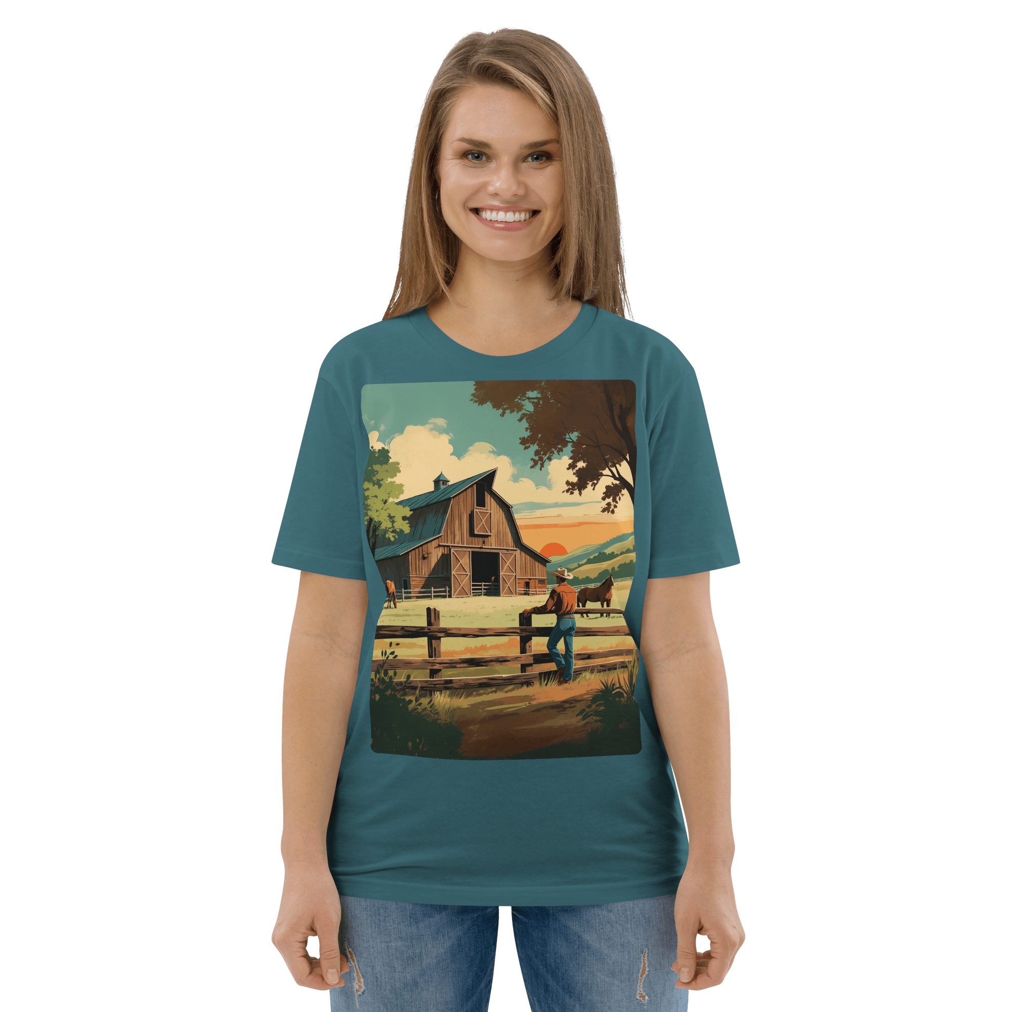 Rustic Ranch Life Organic Cotton T-Shirt - Western Barn Scene - Design Delight Studio