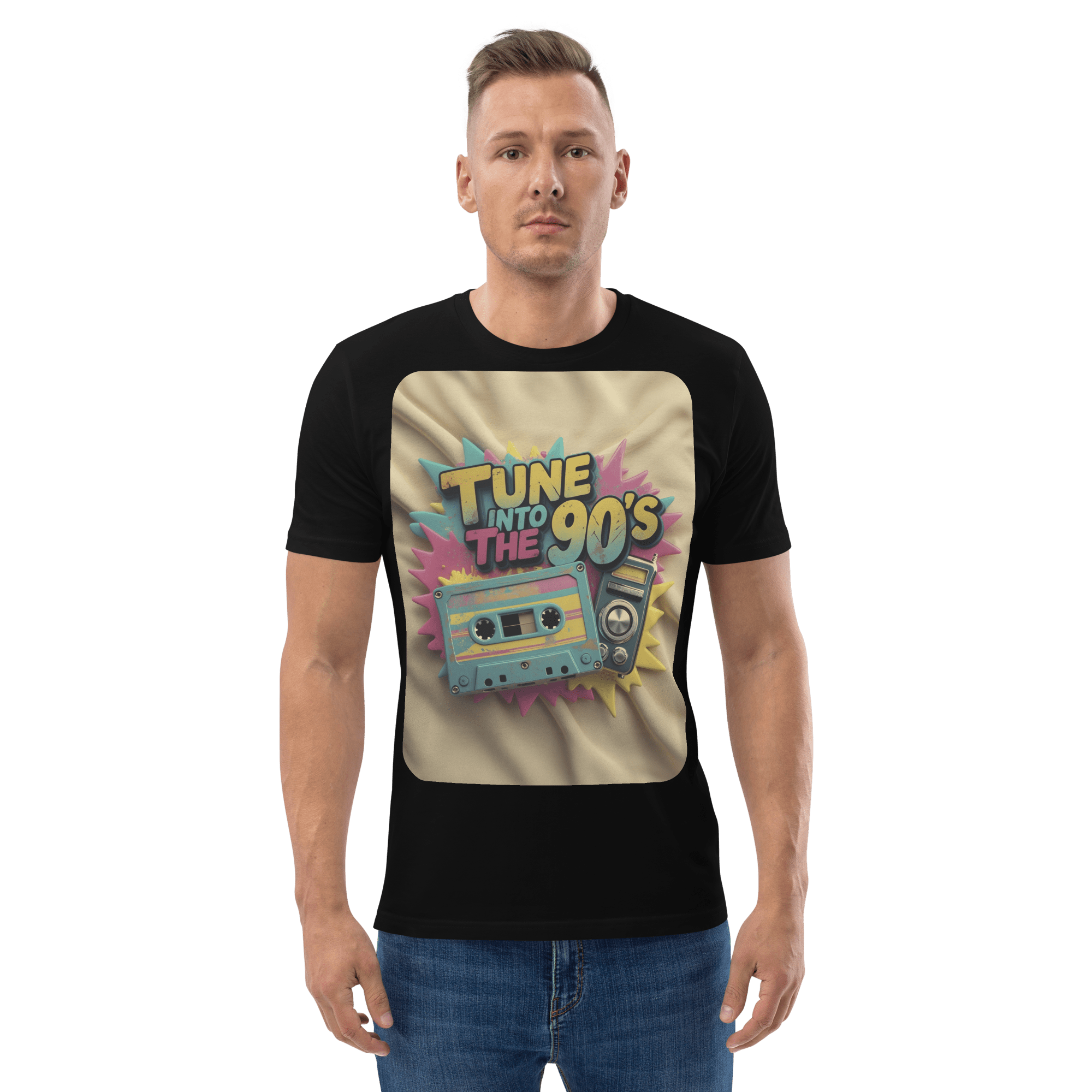 Tune into the 90s T-Shirt - Retro Cassette & Boombox Tee - Vintage Style - Design Delight Studio