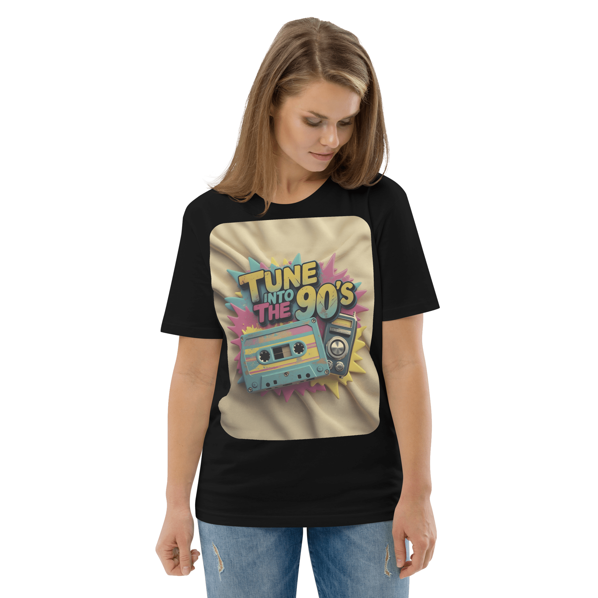 Tune into the 90s T-Shirt - Retro Cassette & Boombox Tee - Vintage Style - Design Delight Studio