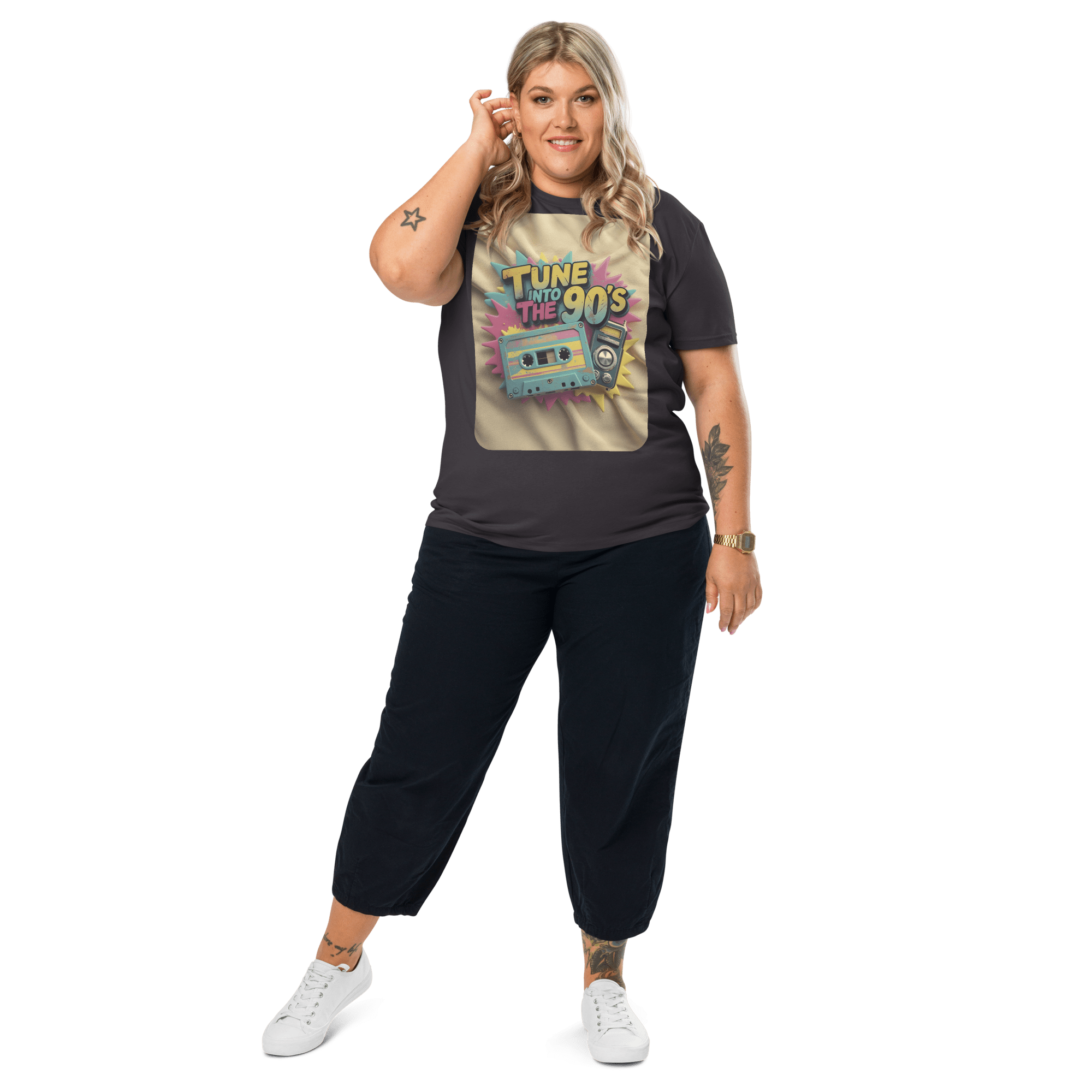 Tune into the 90s T-Shirt - Retro Cassette & Boombox Tee - Vintage Style - Design Delight Studio