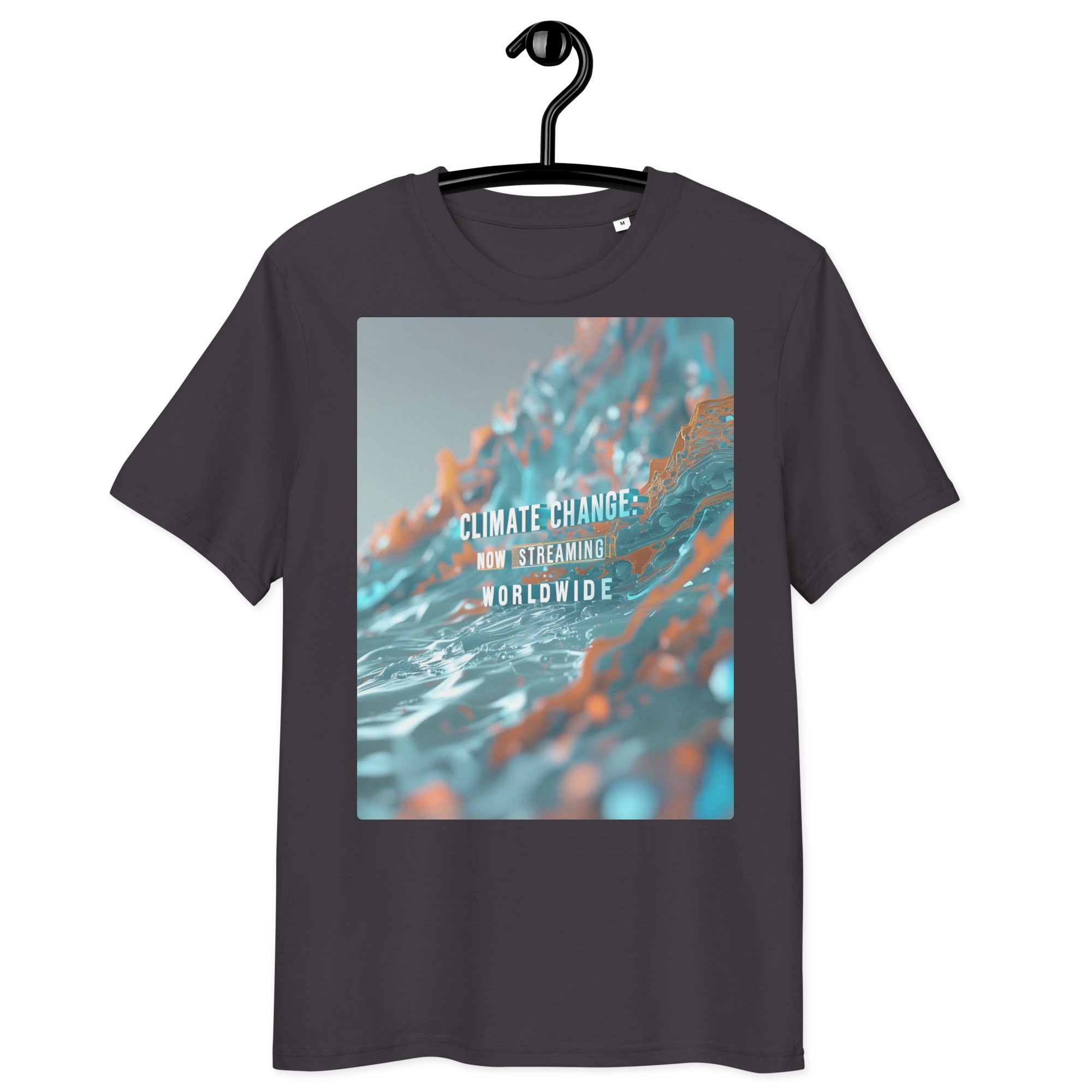Organic cotton t-shirt – ‘Climate Change: Now Streaming Worldwide’ environmental activism design. Eco-friendly, soft, and perfect for sustainability advocates