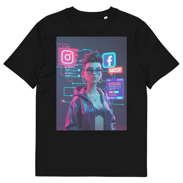 Organic cotton t-shirt – ‘Algorithm Rebellion’ cyberpunk design featuring a futuristic digital activist defying social media censorship. Soft, eco-friendly & bold!
