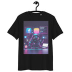 Organic cotton t-shirt – ‘Futuristic Social Media Algorithm Rebellion’ design featuring a cyber-hacker defying digital platforms. Soft, eco-friendly & bold!