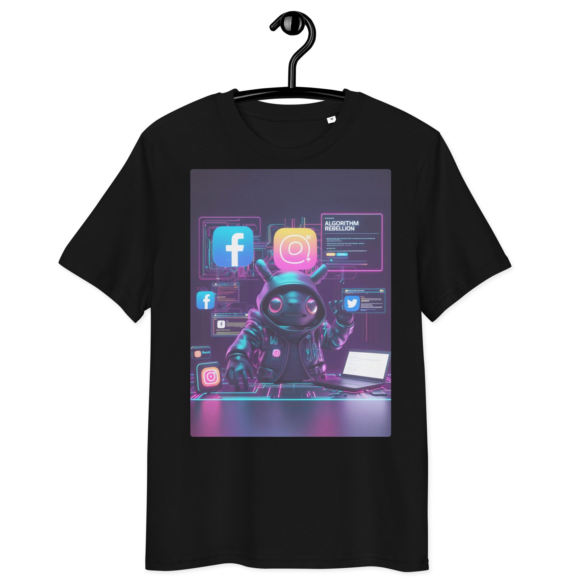 Organic cotton t-shirt – ‘Futuristic Social Media Algorithm Rebellion’ design featuring a cyber-hacker defying digital platforms. Soft, eco-friendly & bold!