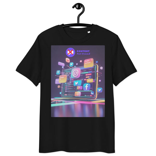 Organic cotton t-shirt – ‘Content Not Found’ social media glitch design. Futuristic, eco-friendly, and perfect for creators & influencers. Free shipping!
