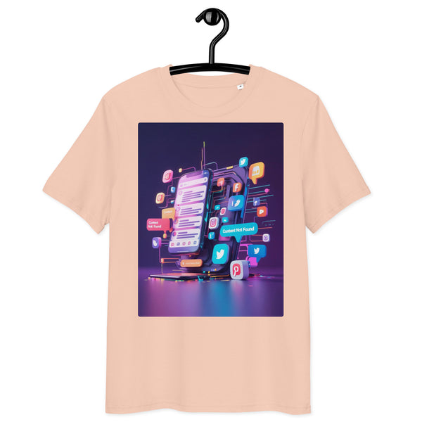 Organic cotton t-shirt – ‘Social Media Overload’ digital burnout design. Futuristic, eco-friendly, and perfect for creators & influencers. Free shipping!