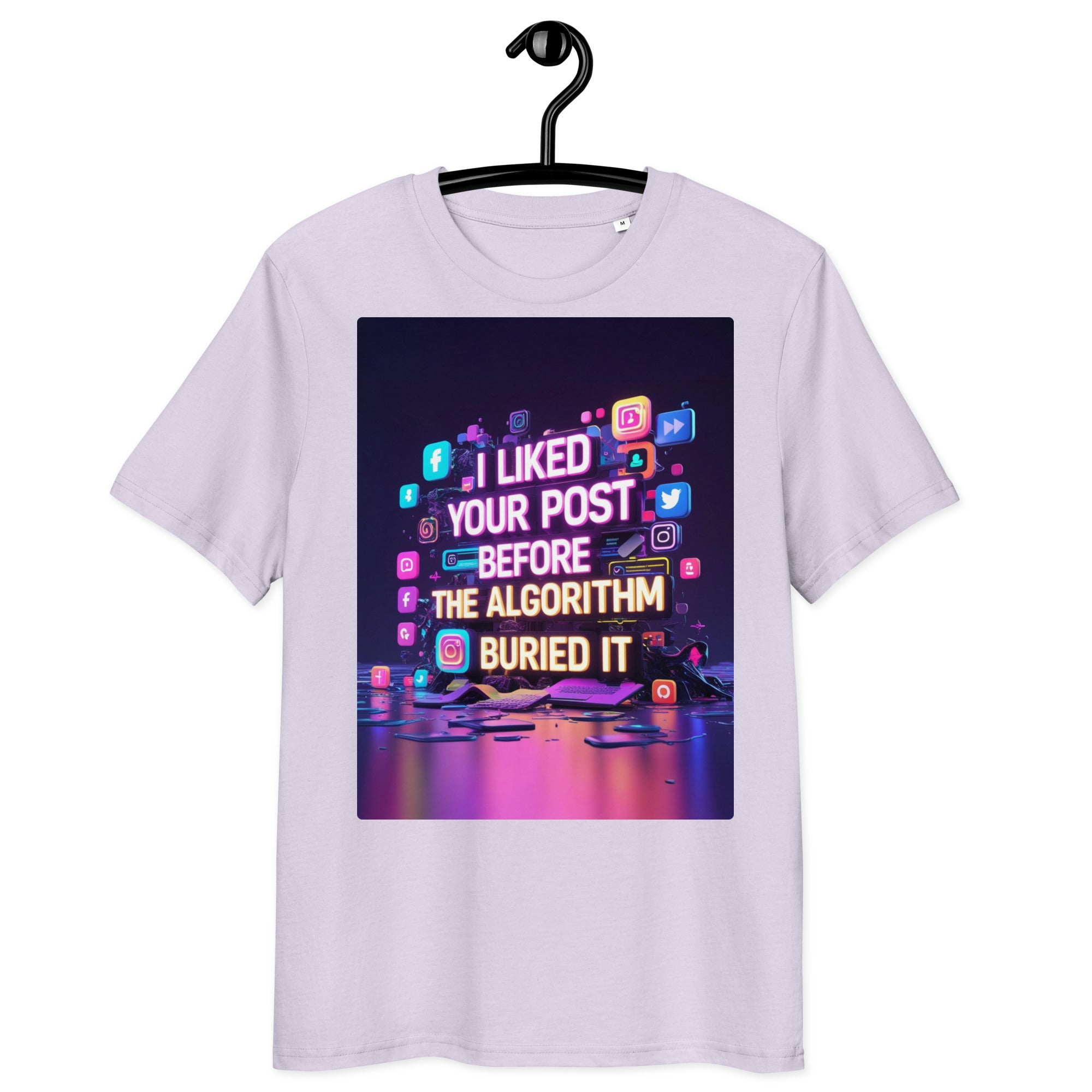 Organic cotton t-shirt – ‘I Liked Your Post Before the Algorithm Buried It’ social media satire design. Ethically made, soft, and stylish. Free shipping!