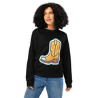 Person wearing a black sweatshirt with a cowboy boot graphic on a white background