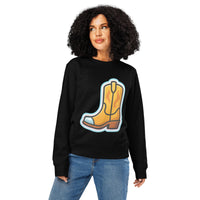 Person wearing a black sweatshirt with a cowboy boot graphic on a white background