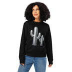 Person wearing a black sweatshirt with a cactus design on a white background