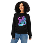 Person wearing a black sweatshirt with a colorful graphic design on a white background