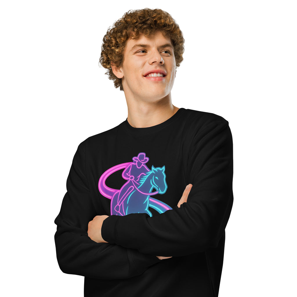 Person wearing a black long-sleeve shirt with a colorful horse graphic on a white background