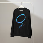 Black sweatshirt with a blue logo on a white hanger against a gray background