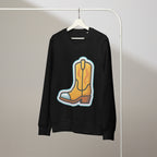 Black sweatshirt with a yellow cowboy boot graphic on a hanger against a plain background
