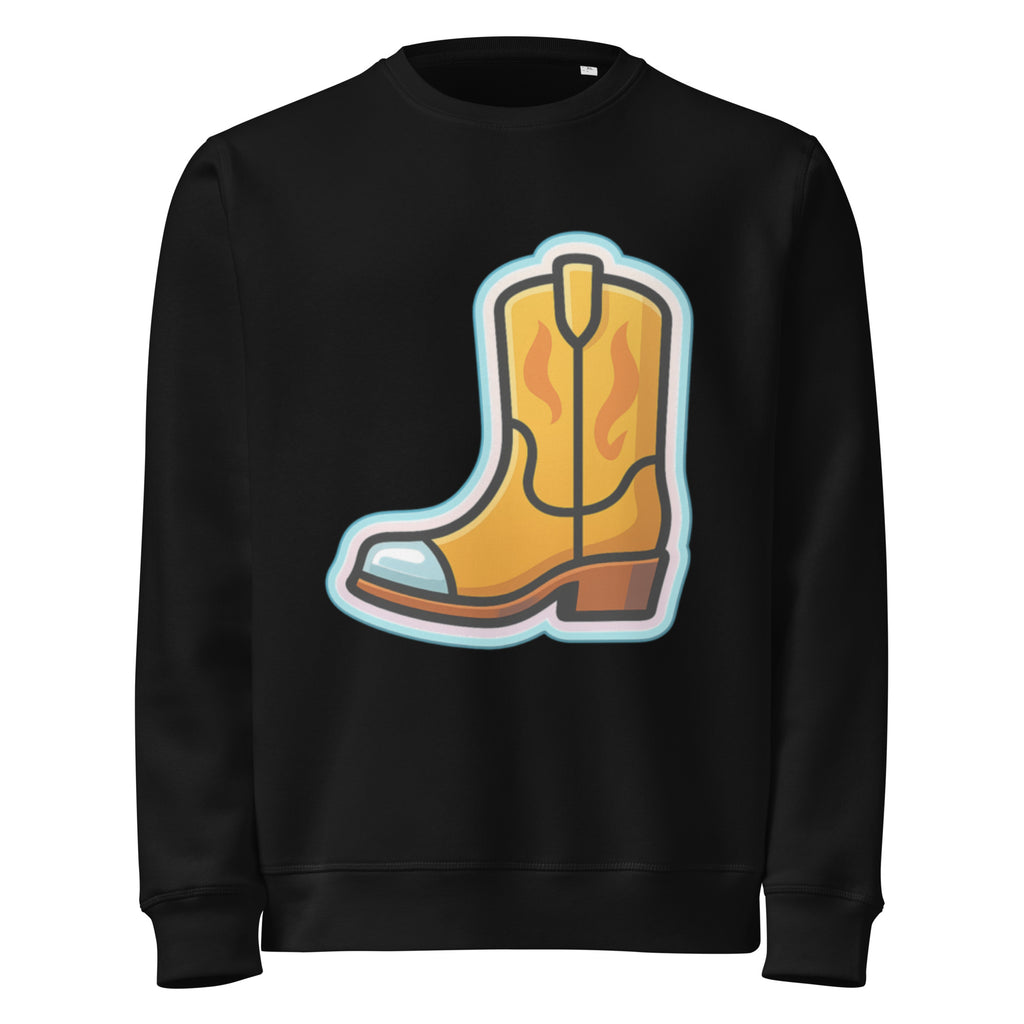 Black sweatshirt with a yellow cowboy boot graphic on a white background
