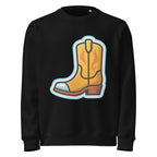 Black sweatshirt with a yellow cowboy boot graphic on a white background