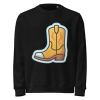 Black sweatshirt with a yellow cowboy boot graphic on a white background