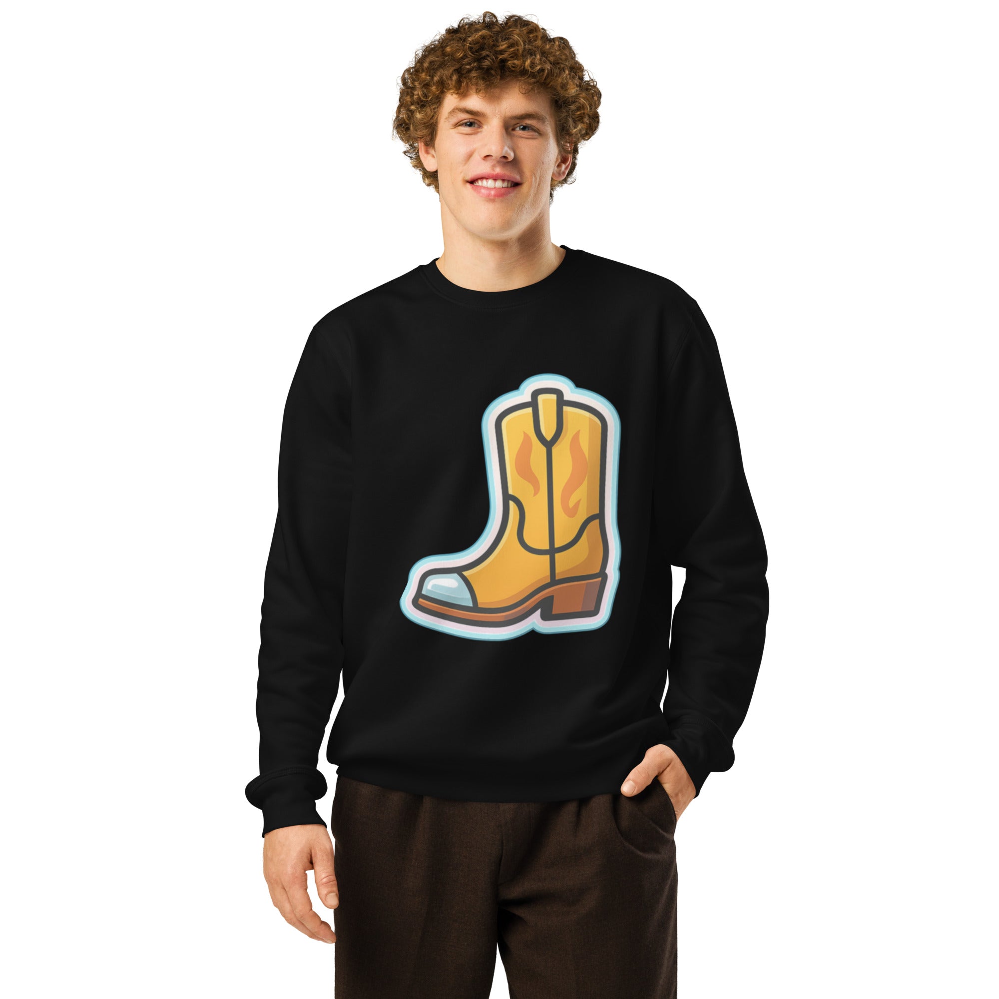 Person wearing a black sweatshirt with a yellow boot graphic on a white background