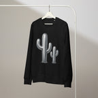 Black sweatshirt with cactus design on a hanger against a neutral background