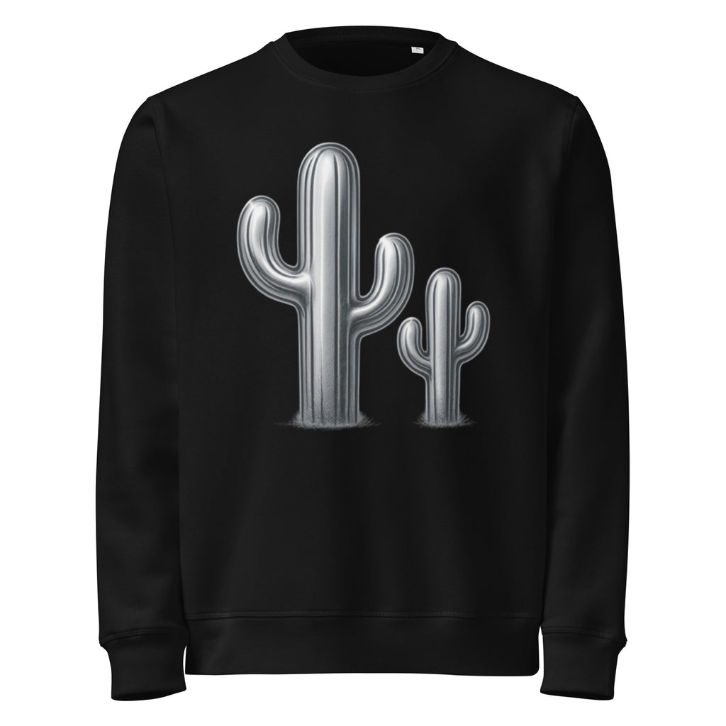 Black sweatshirt with a silver cactus design on a white background