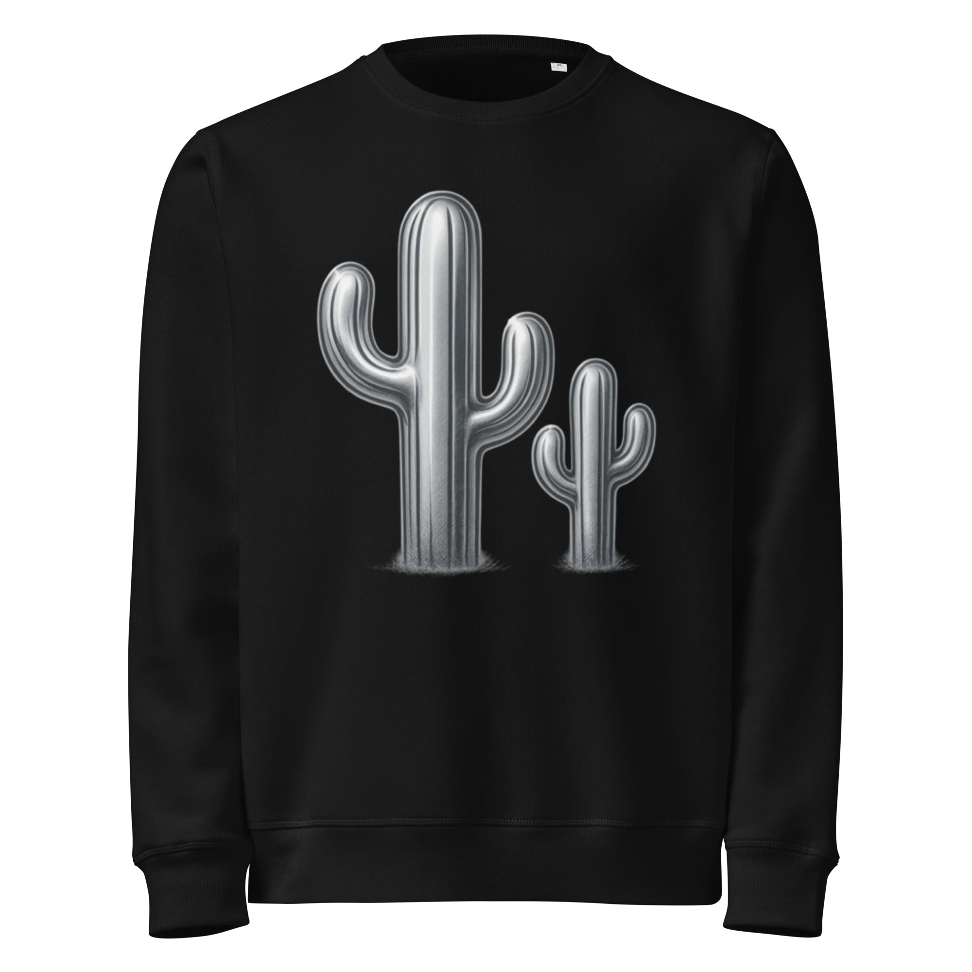 Black sweatshirt with a silver cactus design on a white background