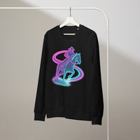Black sweatshirt with a colorful graphic of a person riding a horse on a hanger against a plain background.