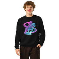 Person wearing a black sweatshirt with a colorful graphic design on a white background