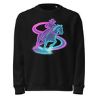 Black sweatshirt with a colorful graphic of a person riding a horse on a white background