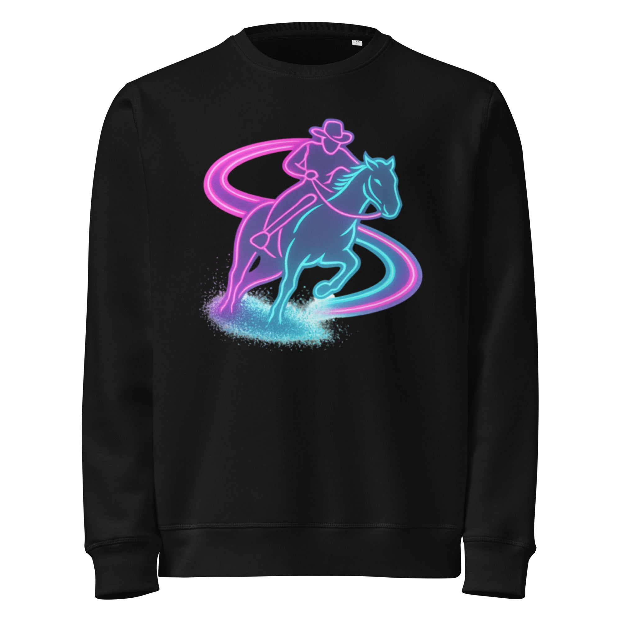 Black sweatshirt with a colorful graphic of a person riding a horse on a white background