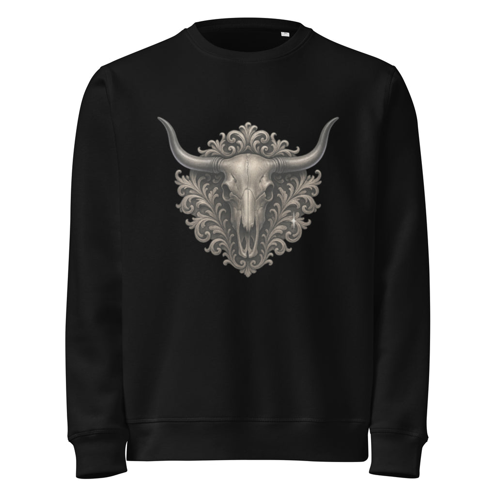 Black sweatshirt with a decorative bull skull design on a white background