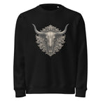 Black sweatshirt with a decorative bull skull design on a white background