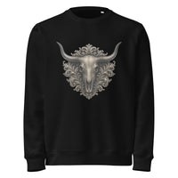 Black sweatshirt with a decorative bull skull design on a white background