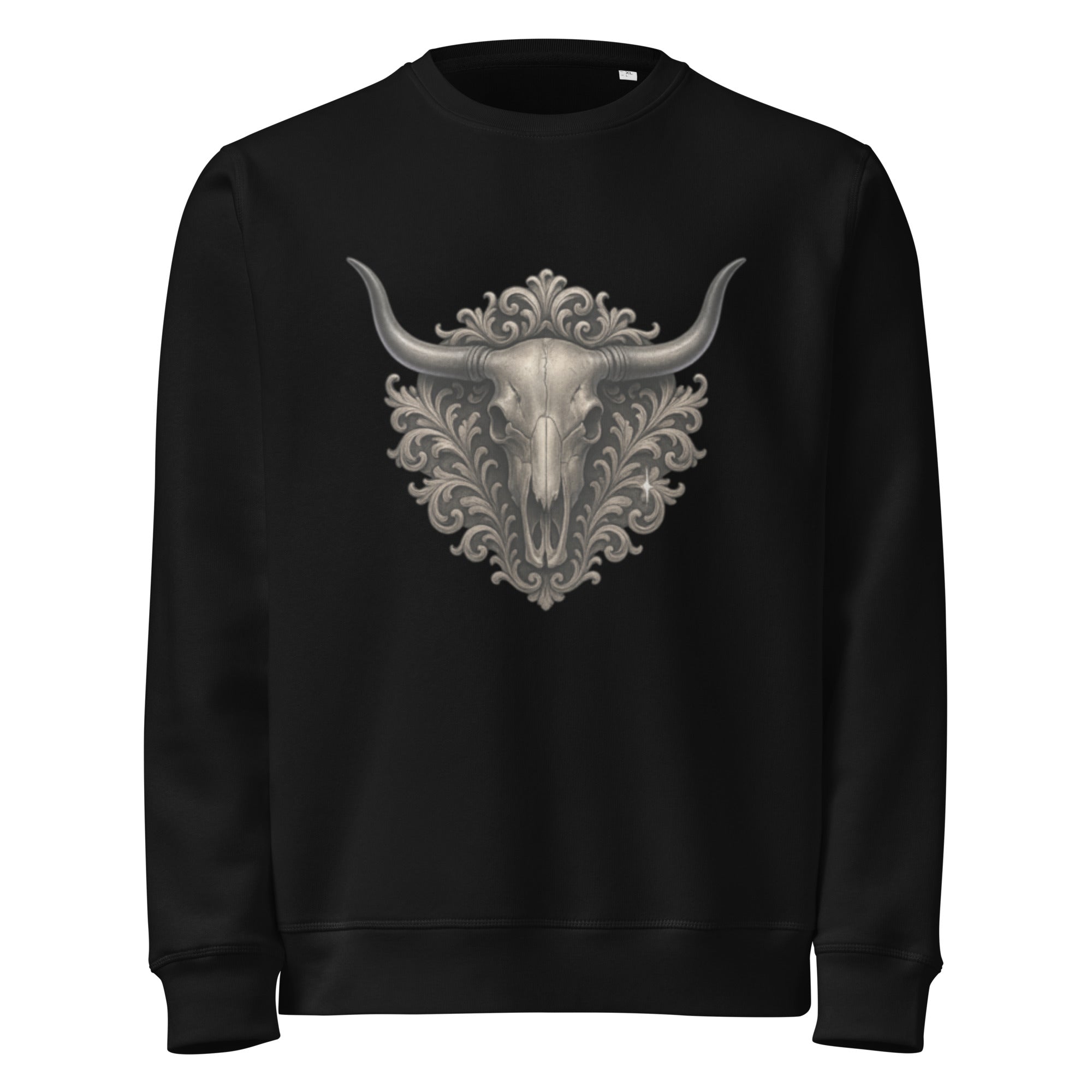 Black sweatshirt with a decorative bull skull design on a white background