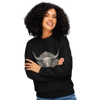 Woman wearing a black sweatshirt with a longhorn design on a white background