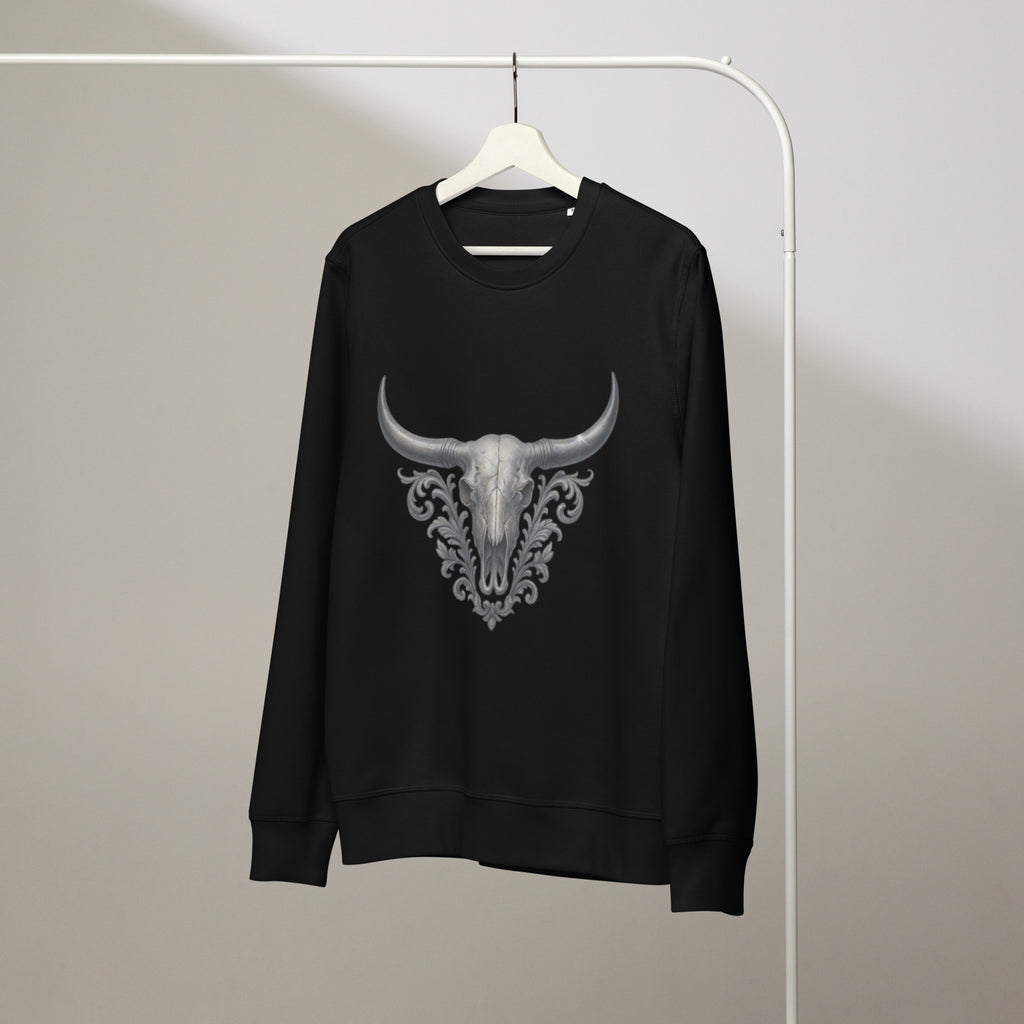 Black sweatshirt with a bull skull design on a hanger against a plain background