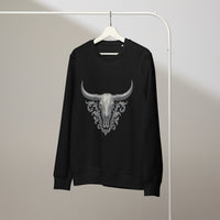 Black sweatshirt with a bull skull design on a hanger against a plain background