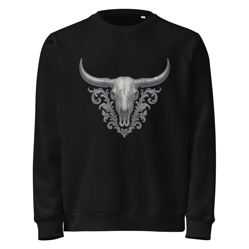 Black sweatshirt with a bull skull design on a white background