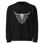 Black sweatshirt with a bull skull design on a white background